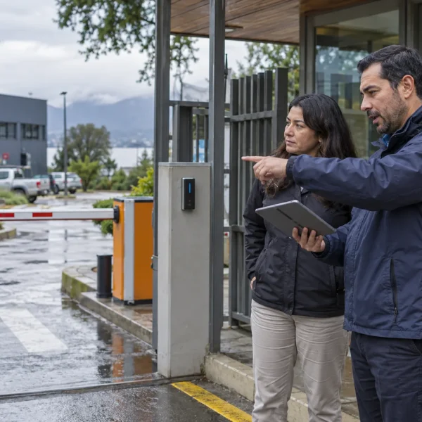 Especialistas revisando los accesos peatonal y vehicular de un recinto